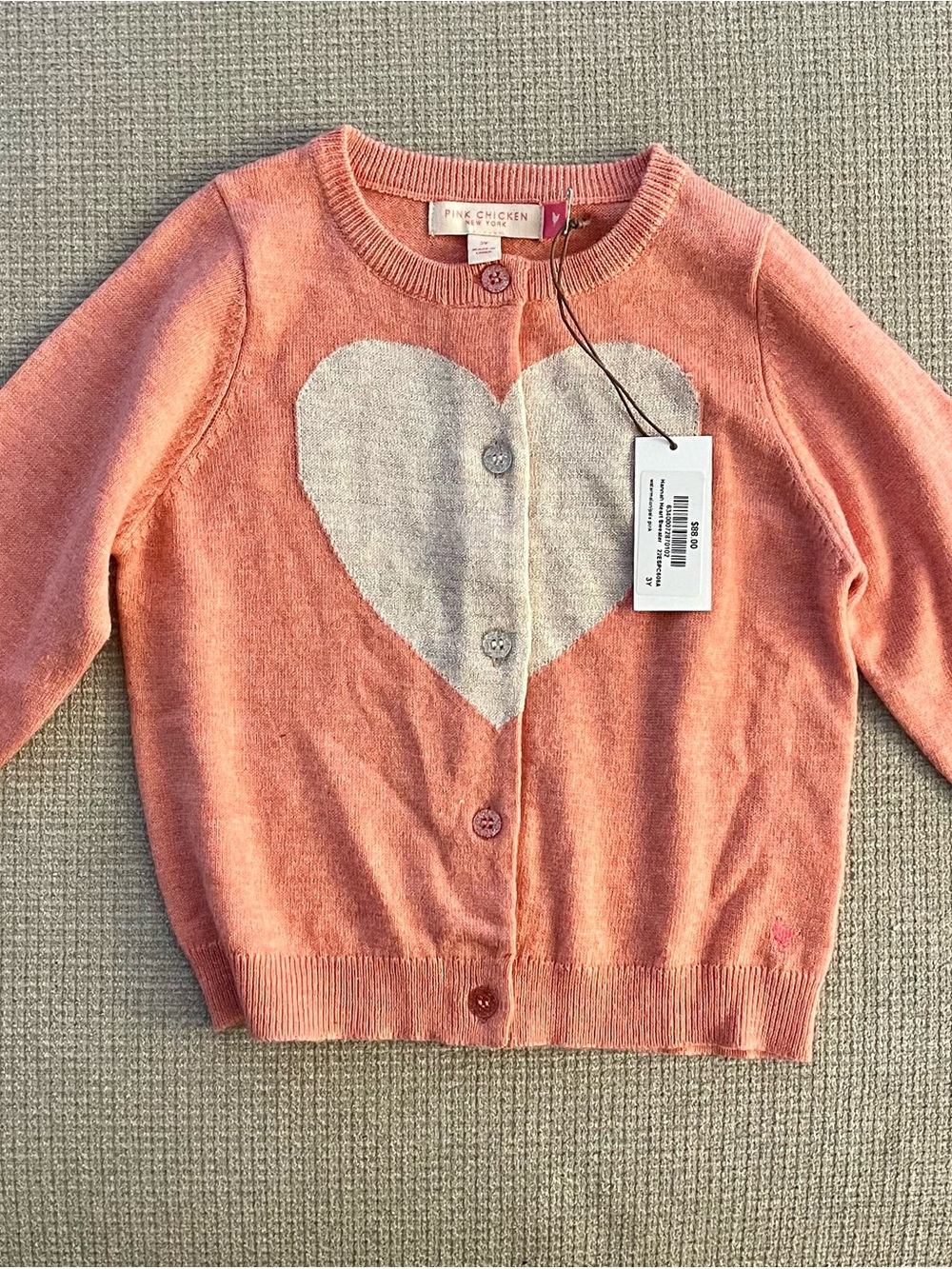 Pink Chicken Coral Knit Cardigan with Cream Heart